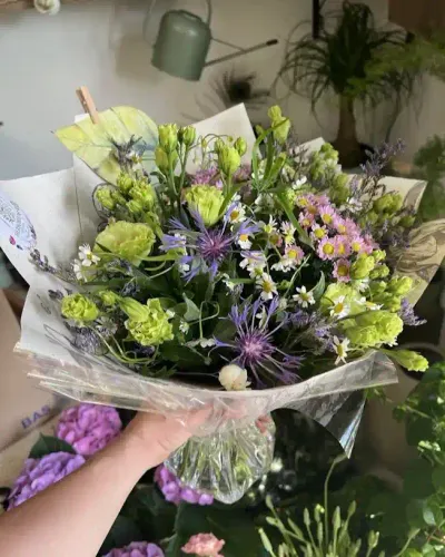 Bouquet champêtre de lisianthus verts, centaurées bleues, camomille et asters mauves dans une bulle transparente