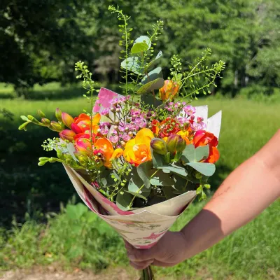 Bouquet de freesias orange, renoncules et petites fleurs roses, tenu à bout de bras dans un jardin