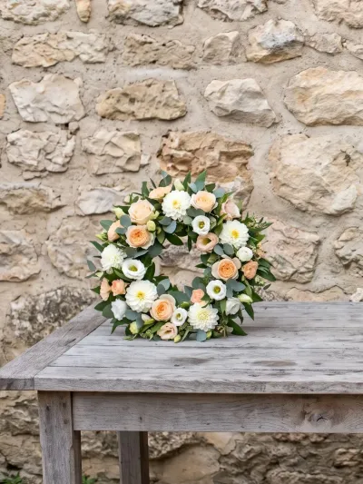 Petite couronne de deuil de roses blanches et pêche, dahlias et eucalyptus, posée debout sur une table en bois gris