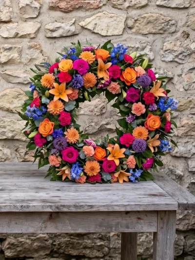 Grande couronne de deuil colorée, roses orange, œillets fuchsia, lys et delphiniums bleus, debout sur une table en bois