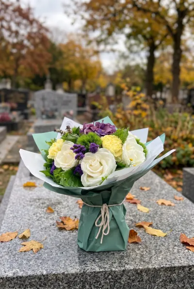 Bouquet de deuil à poser, roses blanches, fleurs jaunes et violettes, emballé de vert, sur une tombe en granit