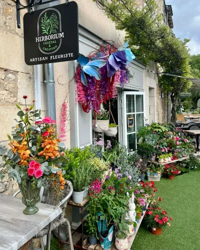 Devanture de la boutique Herborium à Saint-Benoît, enseigne, papillons géants et plantes fleuries sur la terrasse
