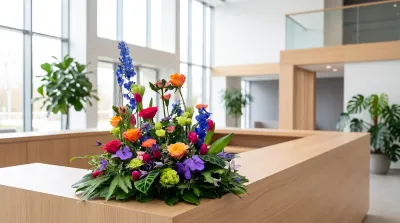 Mise en situation d'une composition de Léa : delphiniums, roses et orchidées sur le comptoir d'accueil d'un hall d'entreprise