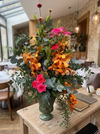 Mise en situation d'une composition de Léa, orchidées orange et roses fuchsia en vase vert, à l'accueil d'un restaurant