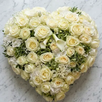 Cœur de deuil en roses blanches serrées, hortensia vert, arum et astilbe blanche, posé sur un marbre blanc