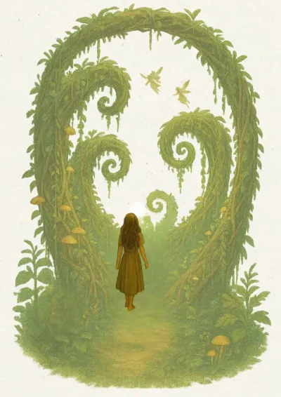 Illustration d'une arche de fougères en spirale où marche une silhouette, inspirée de la forêt de Brocéliande