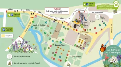 Plan illustré du marché aux fleurs des Fleurs de Mai 2026 à Saint-Benoît, stands numérotés et parkings