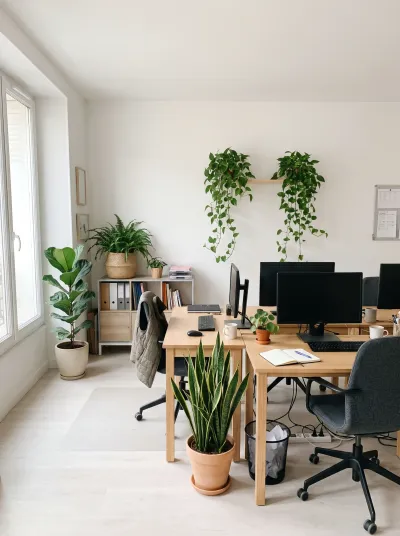 Bureau lumineux de petite entreprise avec sansevieria, ficus lyrata, fougère en panier et pothos au-dessus des postes
