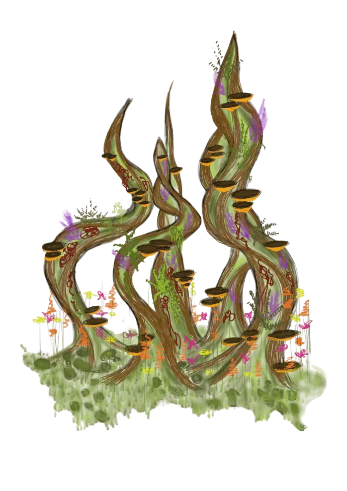 Croquis preparatoire de la scenographie vegetale Peoch avec ses spirales organiques et champignons dores