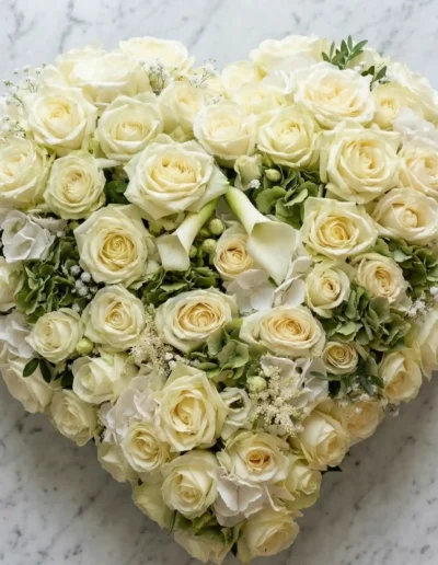 Grande composition de deuil en forme de cœur composée de roses blanches d hortensias verts et d aspres posée sur un plan en marbre blanc