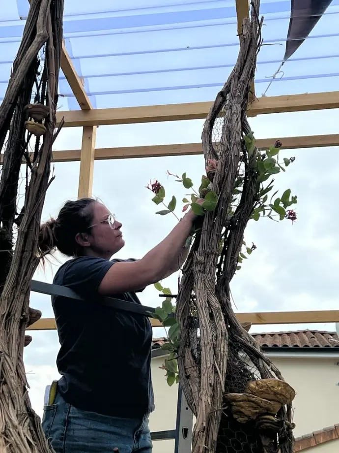 Installation de plantes grimpantes sur le sommet du decor de la scenographie vegetale